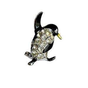Vintage Penguin Brooch Tiny Rhinestone Pin Silver Tone